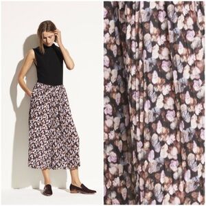 Vince L Black Floral Pleated Elastic Waist Culotte Cropped Wide Leg Flowy Pants